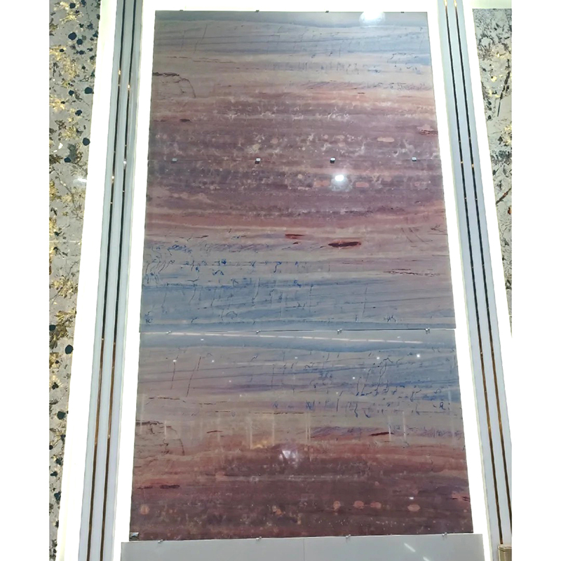 Royal Rainbow Red marble slab photos for rainbow red tone approval, wall panel elevations, floor tile layout, furniture dimensions, kitchen countertop cut-outs, bathroom vanity dimensions and export packing review.
