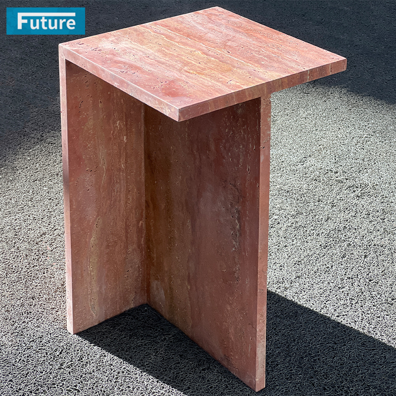 Luxury Style Square Top Red Travertine Side Table for Living