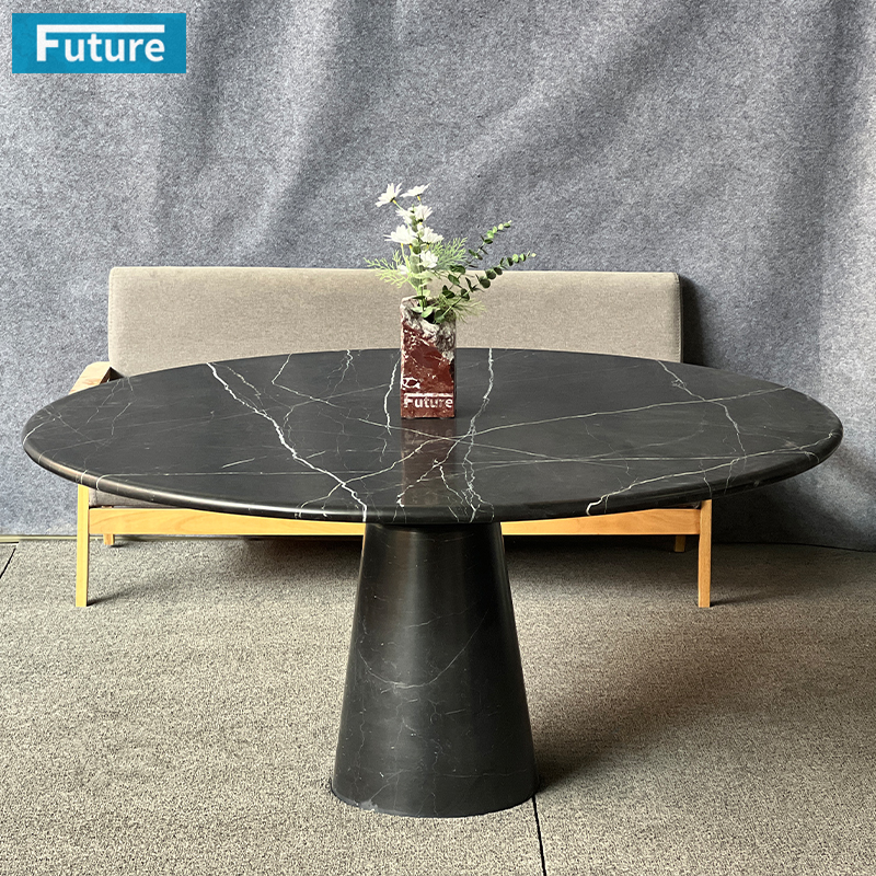 Round Top Black Marqulina Marble Dining Table Fo