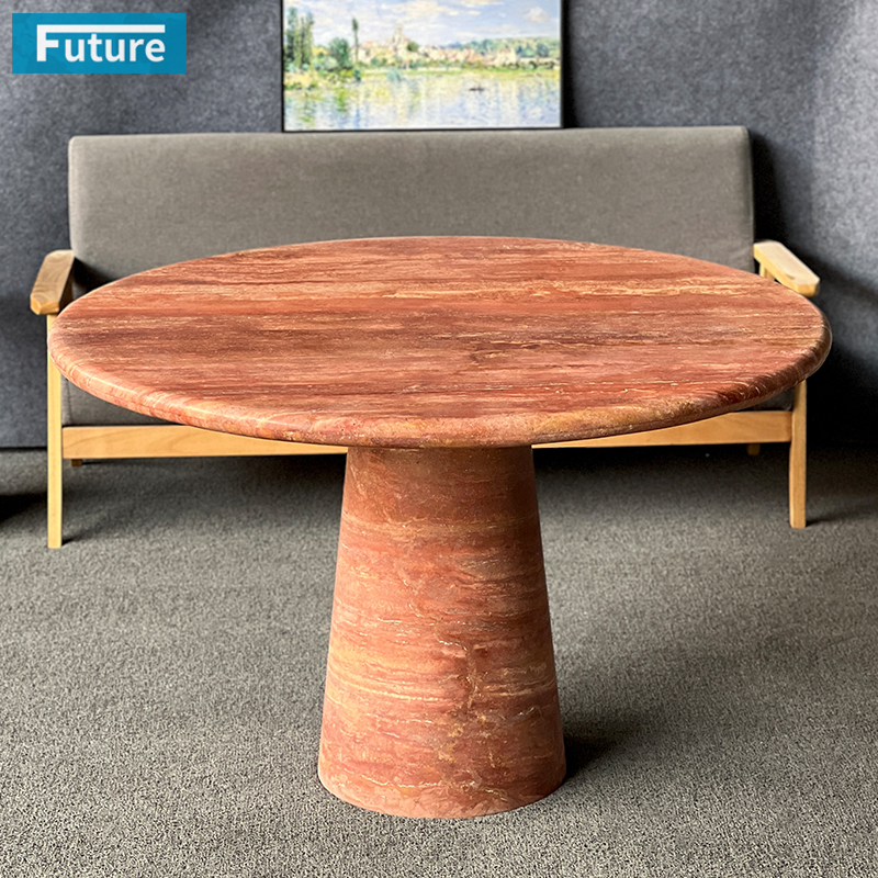 Round Top Red Travertine Dining Table for Home D