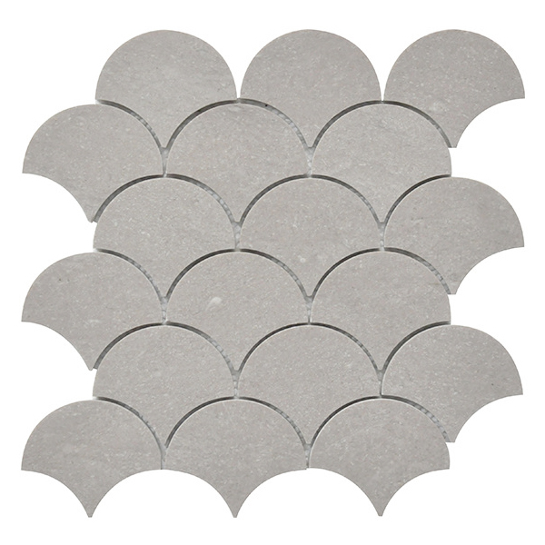 Carrara marble fan mosaic tile sheet photos for Carrara white tone approval, fan-shaped layout, mesh backing, bathroom floors, swimming pool tile areas, grout joints and export packing.