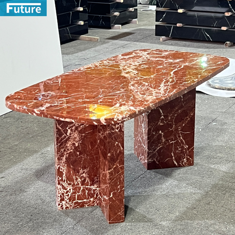 French Red Marble Dining Table with Rectangular 