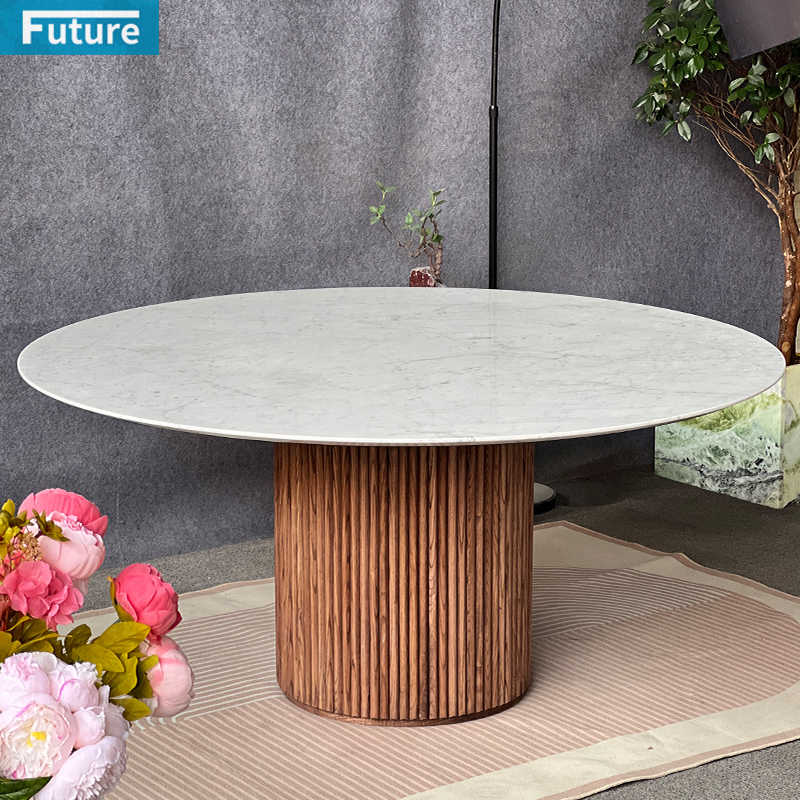 Large Size Round Top Carara White Marble Dining 