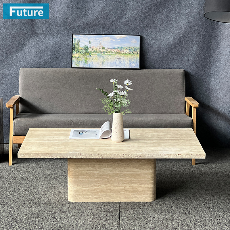 Rectangular Top Beige Travertine Low Plinth Coffee Table