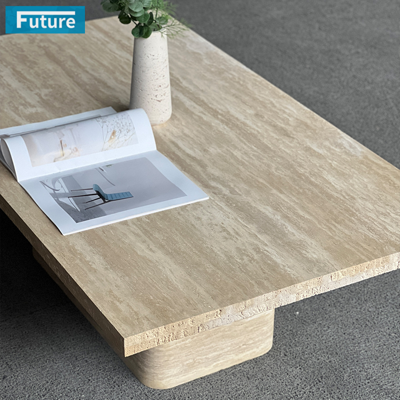 Rectangular Top Beige Travertine Low Plinth Coffee Table