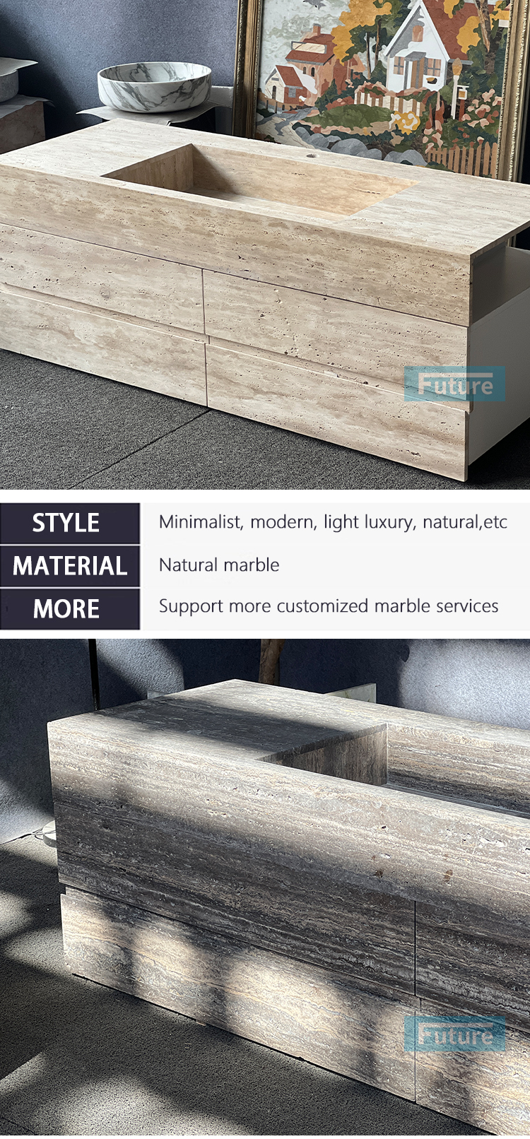 Wabi-sabi Natural Stone Beige or Sliver Grey Travertine Wash Basin Sink Bathroom Vanity with Cabinets Drawers for Hotel Villa