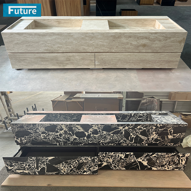 Calacatta Black Marble and White Travertine Bathroom Vanity 