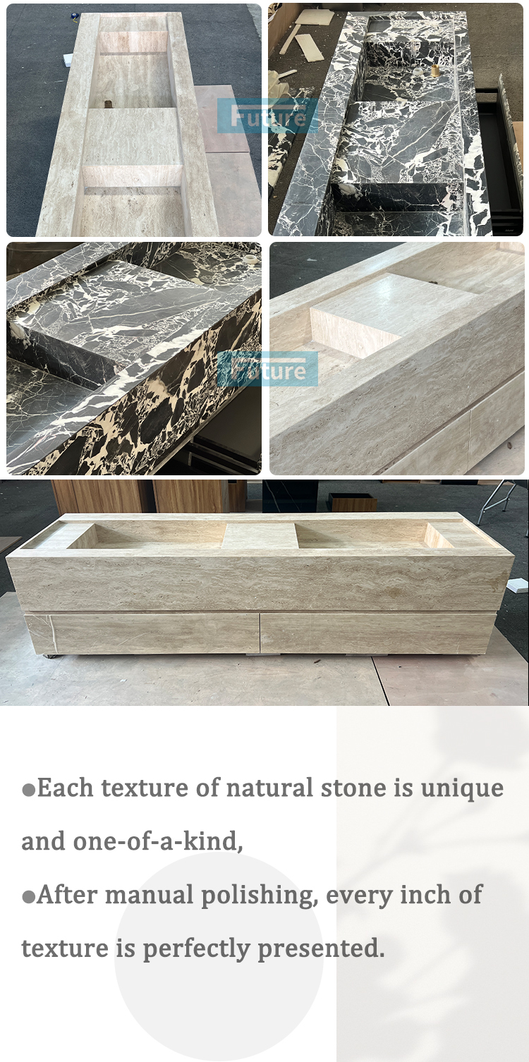 Calacatta Black Marble and White Travertine Bathroom Vanity with Two Wash Basin Sink Two and Cabinets Drawers for Hotel Villa Decor