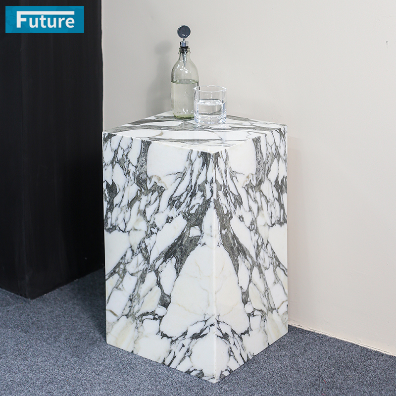 Low Plinth Natural Arabescato White Marble Side Table for Vi