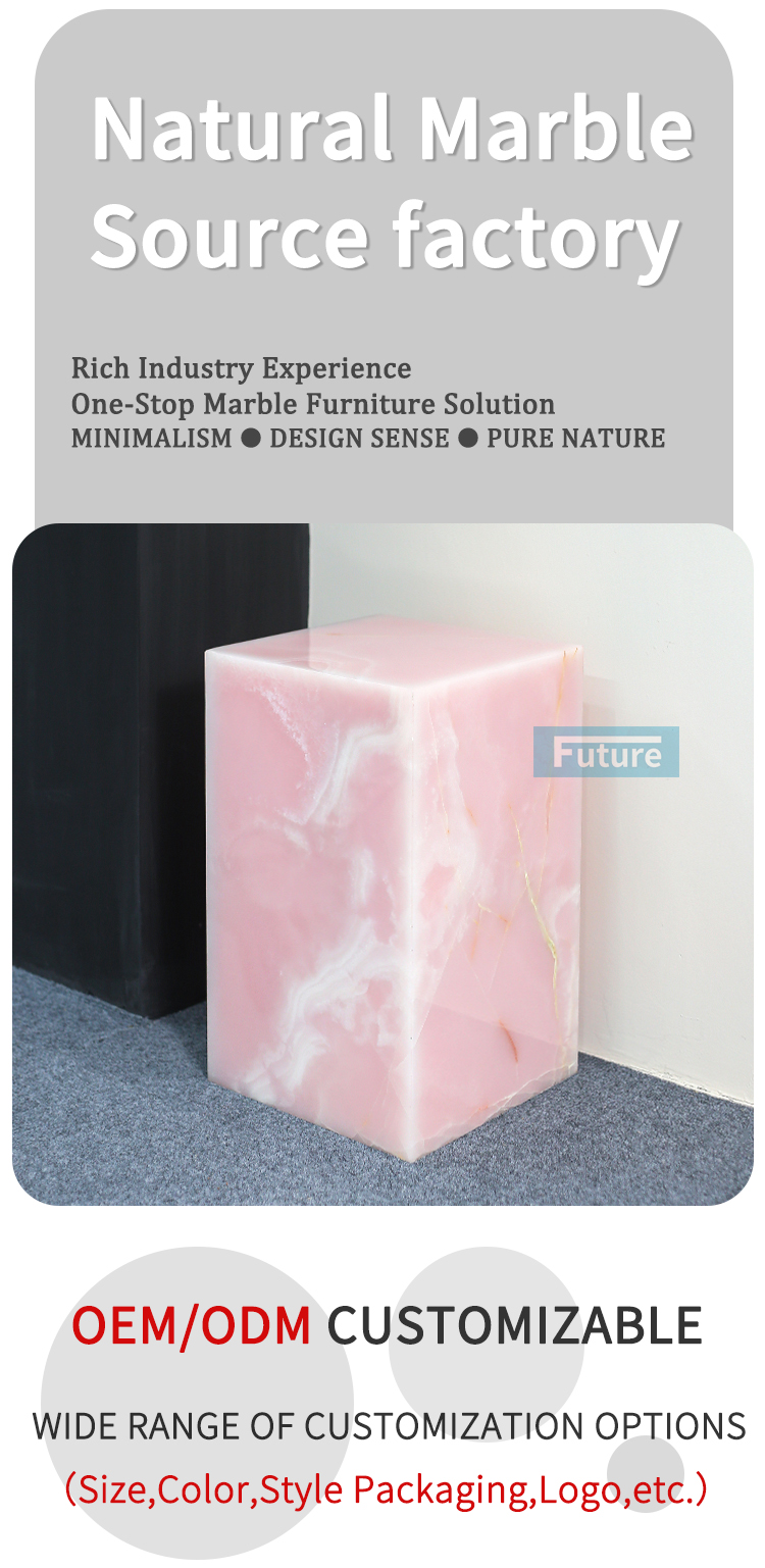 Low Plinth Pink Onyx Marble Side Table Tea Table End Table for Villa Hotel Mansions Living Room Marble Furniture