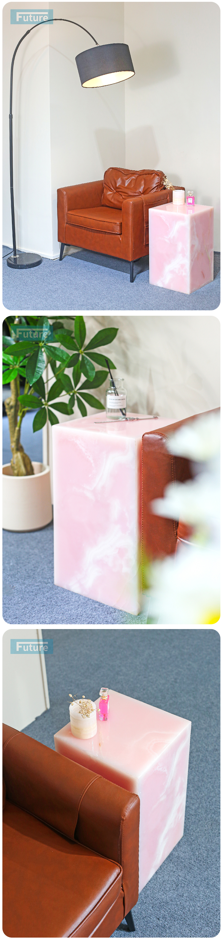 Low Plinth Pink Onyx Marble Side Table Tea Table End Table for Villa Hotel Mansions Living Room Marble Furniture