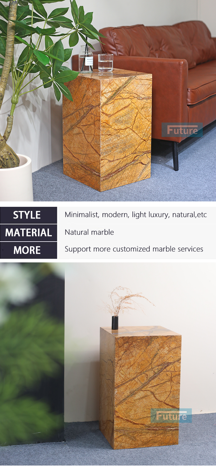 Customiz Size Low Plinth Luxury Natural Stone Forest Brown Marble Side Table Tea Table End Table for Villa Hotel Mansions Living Room Furniture