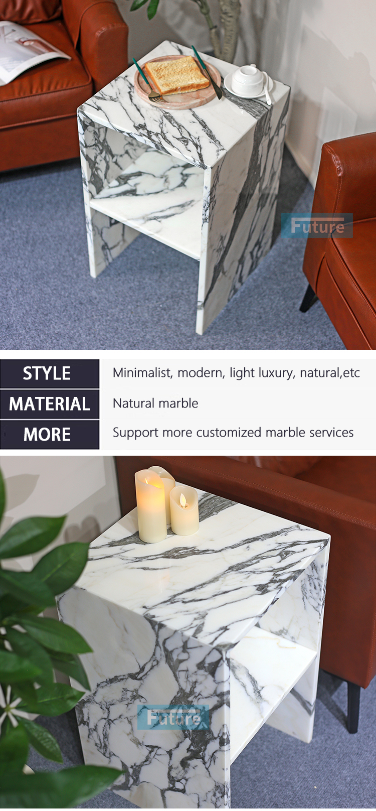 Modern Design Low Plinth Luxury Natural Stone Arabescato White Marble Side Table Tea Table End Table for Villa Hotel Mansions Living Room Furniture