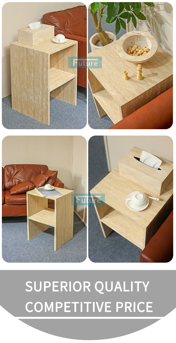 Hollow design Customiz Size Low Plinth Luxury Natural Stone Beige Travertine Side Table Tea Table End Table for Villa Hotel Mansions Living Room Furniture