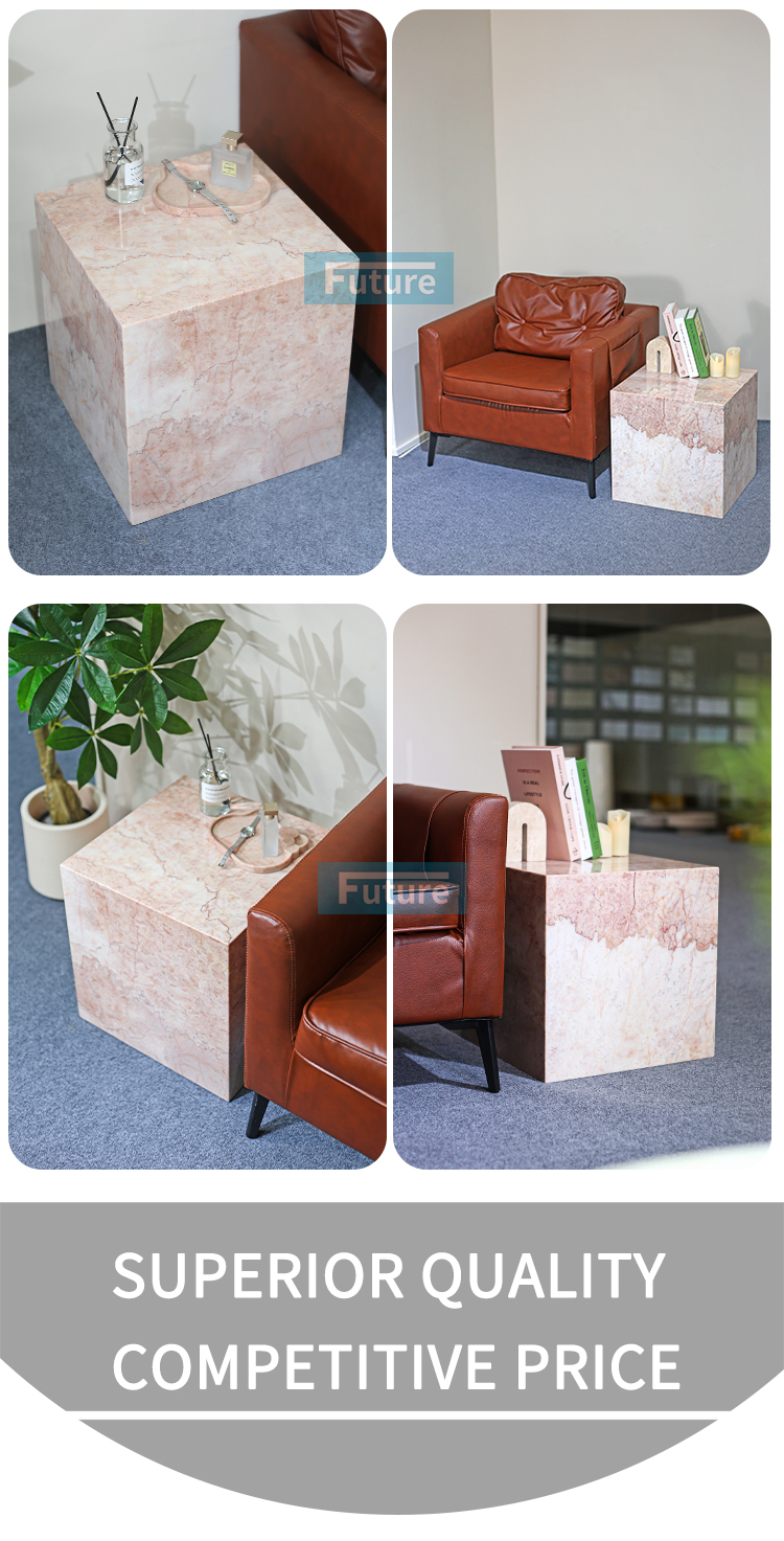 Square Shape Customiz Size Low Plinth Luxury Natural Stone Cream Pink Rose Marble Side Table Tea Table End Table for Villa Hotel Mansions Living Room Furniture