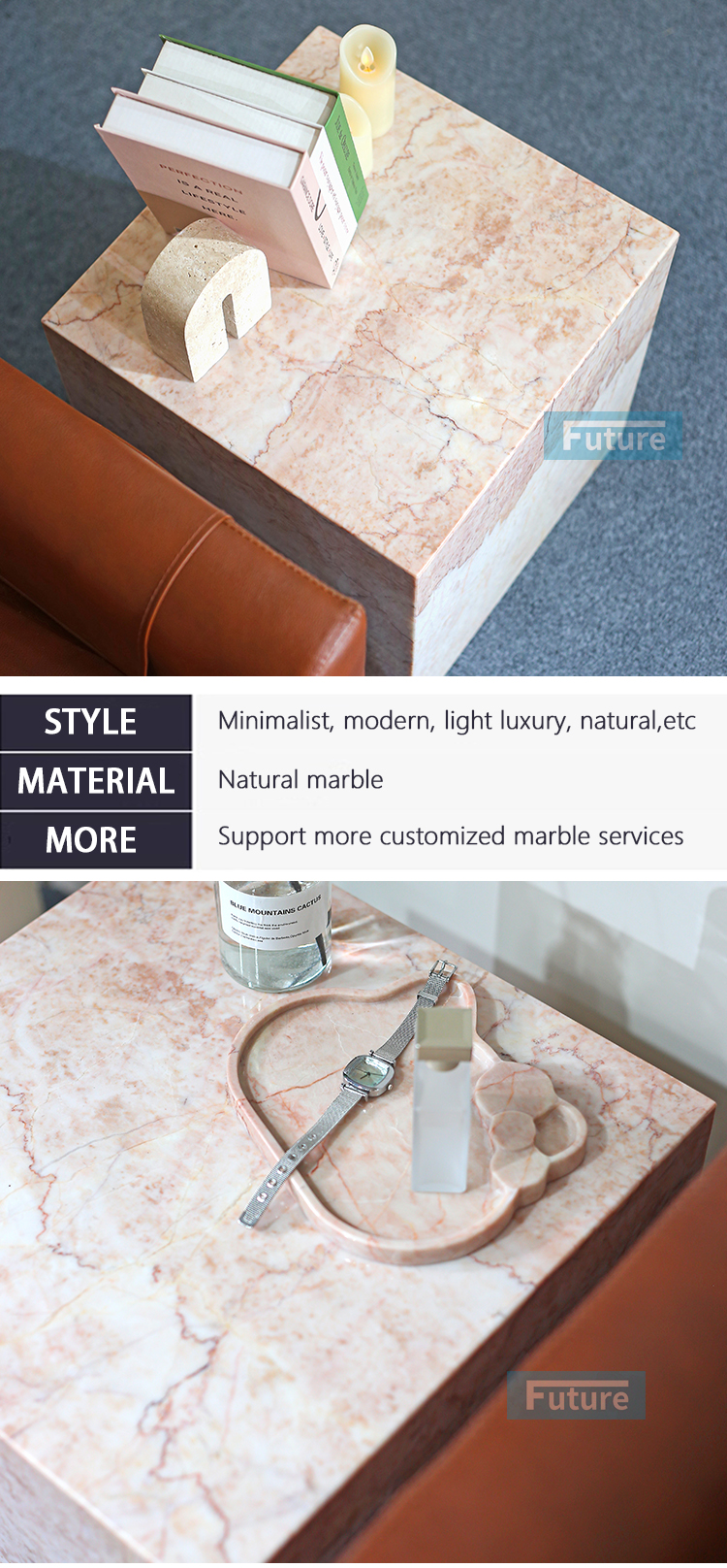 Square Shape Customiz Size Low Plinth Luxury Natural Stone Cream Pink Rose Marble Side Table Tea Table End Table for Villa Hotel Mansions Living Room Furniture