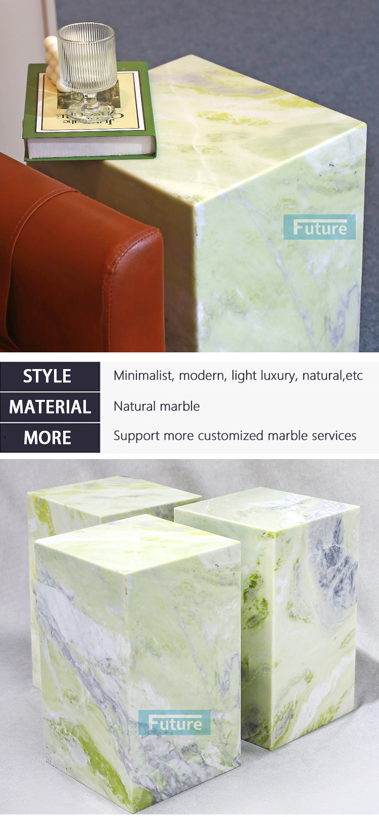 100% Natural Light Fendi Green Marble Stone for Apartment Villa Mansion Hotel Living Room Bed Room Side Table Tea Table with Square Top