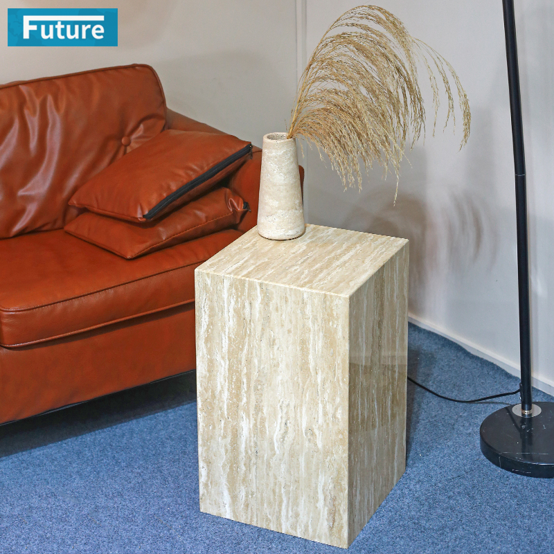 Beige Travertine Side End Table