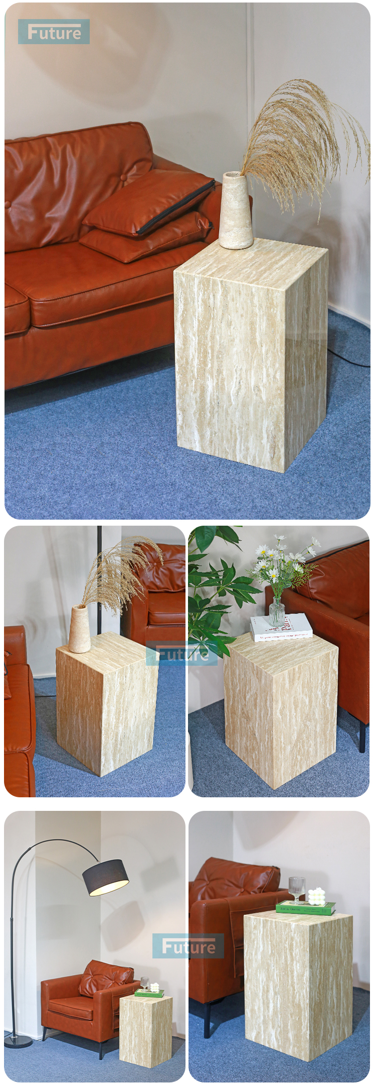 Beige Travertine Side End Table