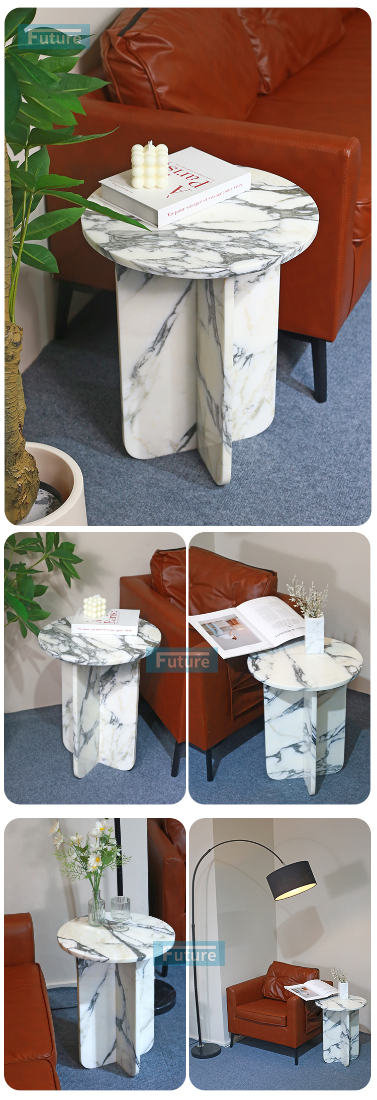 Round Top Modern 100% Natural Arabescato White Marble Stone Side Table for Apartment Villa Mansion Hotel Living Room Bed Rooom Furniture