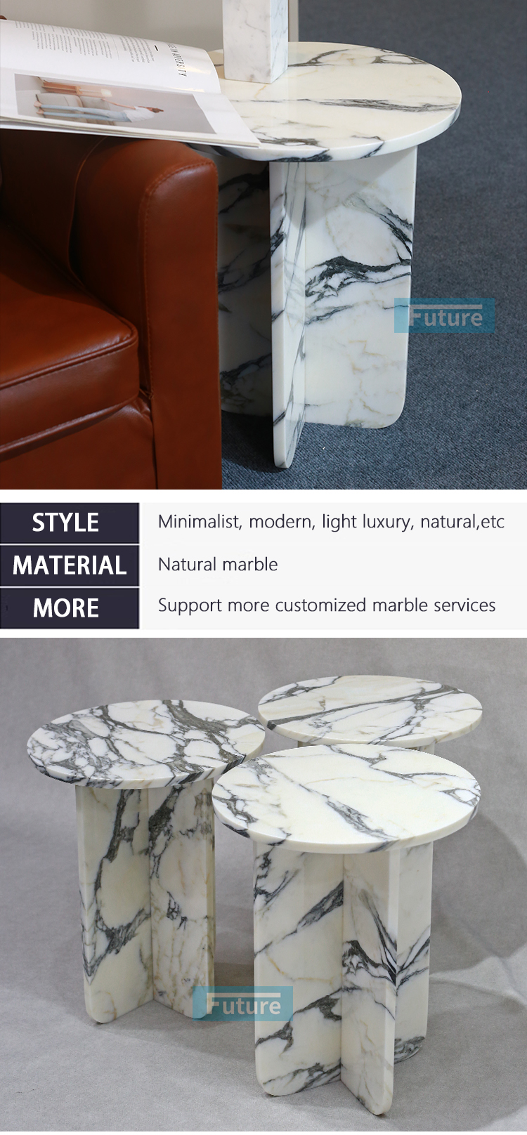 Round Top Modern 100% Natural Arabescato White Marble Stone Side Table for Apartment Villa Mansion Hotel Living Room Bed Rooom Furniture