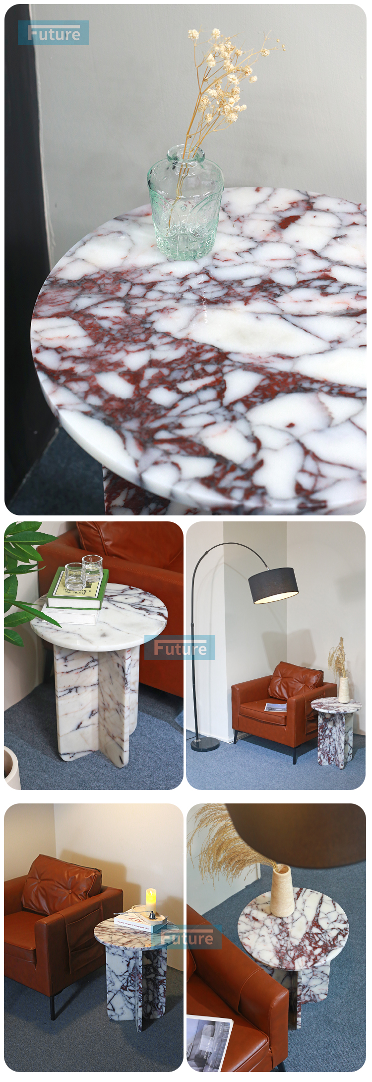 Round Top Modern 100% Natural Calacatta Viola Violet Stone Side Table for Apartment Villa Mansion Hotel Living Room Bed Rooom Furniture