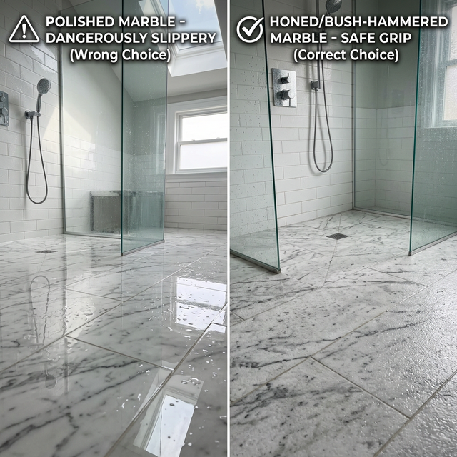 Beige marble finish sample comparison for polished and honed interior stone projects